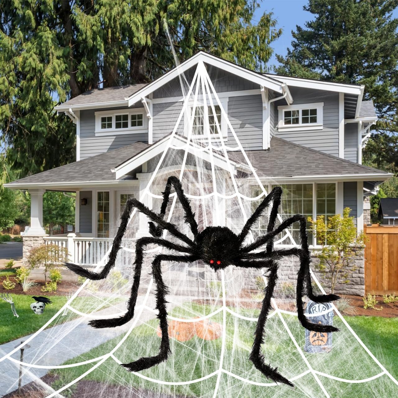 Decorative Garden Stakes - Halloween Decorations - Giant Spider Web Set with Realistic Giant Spider - Indoor and Outdoor Halloween Decor