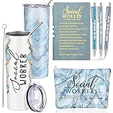 Domensi 6 Pcs Social Worker Appreciation Gifts for Women Lady Include 20oz Tumbler Makeup Bag A6 Leather Notebook Ballpoint Pens School Social Worker Must Haves Office Supplies(Blue)