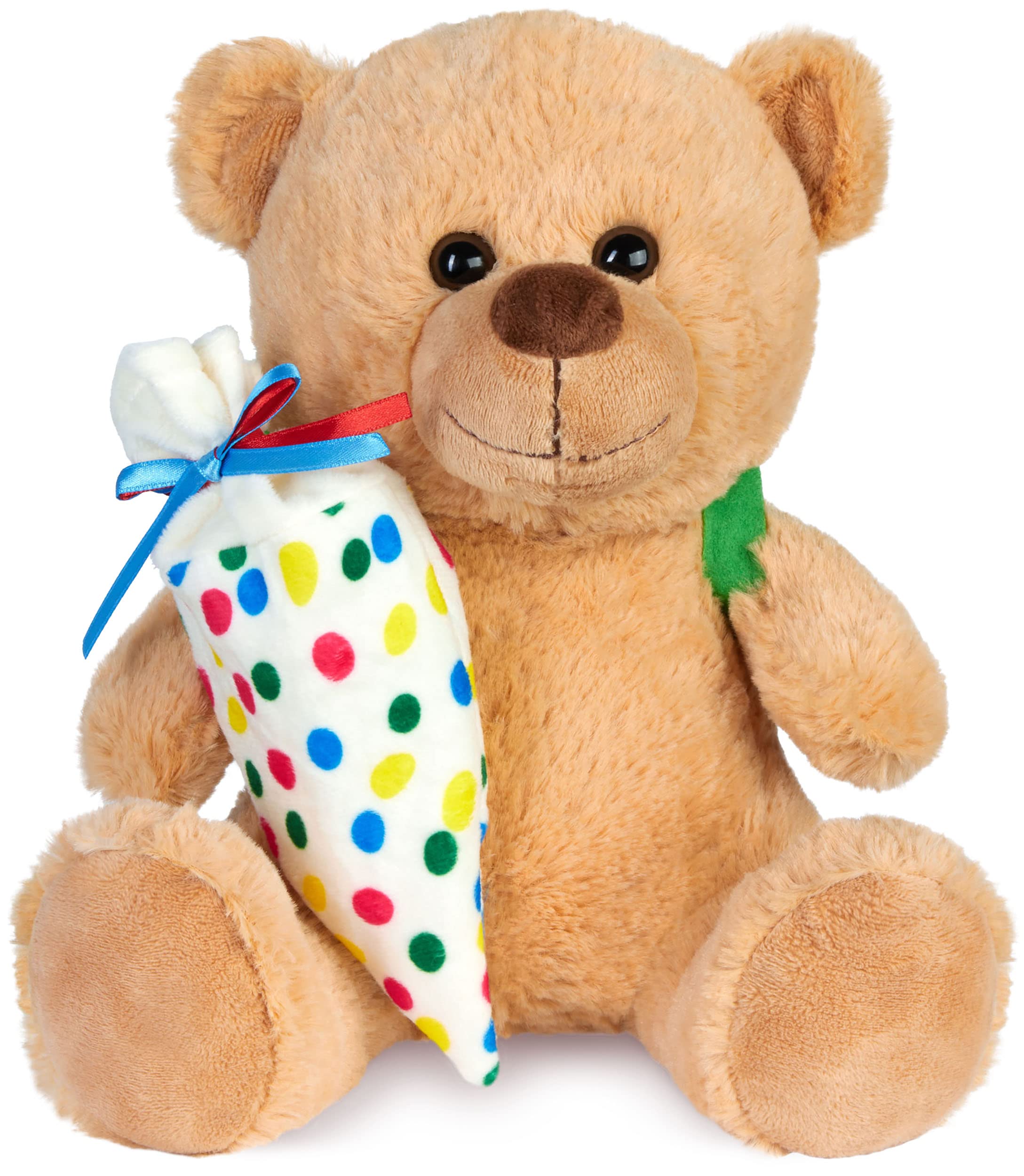 BRUBAKER Teddy Plush Bear with Schoolbag and Colourful School Cornet to Fill - 10 inches Teddy Bear for Induction Day Enrolment School - Plush Teddy Bear with Backpack - Cuddly Toy Animal