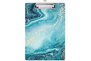 Hongri Wooden Clipboard, Fashion Design Clip Board for Classroom Students,Teacher, Women, Kids, Cute Custom Pattern, Standard Letter Size 9 x 12.5 in with Low Profile Metal Clip, Teal Marble