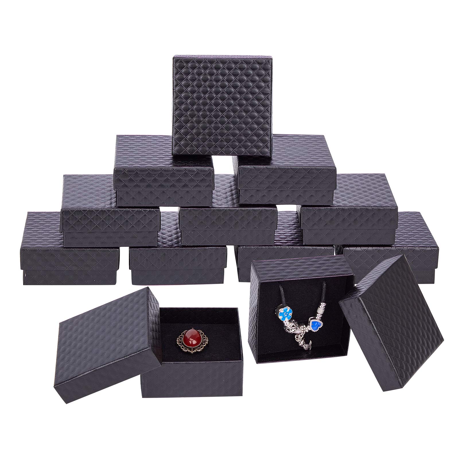 NBEADS 12 Pcs Black Cardboard Jewelry Box, Diamond Lattice Paper Favor Box with Lid and Sponge for Necklace Ring Gift Packaging, 7.5x7.5x3.5cm