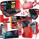 Orzly Switch Accessories Bundle – Carry Case for Nintendo Switch Console (NOT OLED MODEL) Tempered Glass Screen Protectors, USB Charging Cable, Switch Games Case, Comfort Grip Case & Headphones - RED