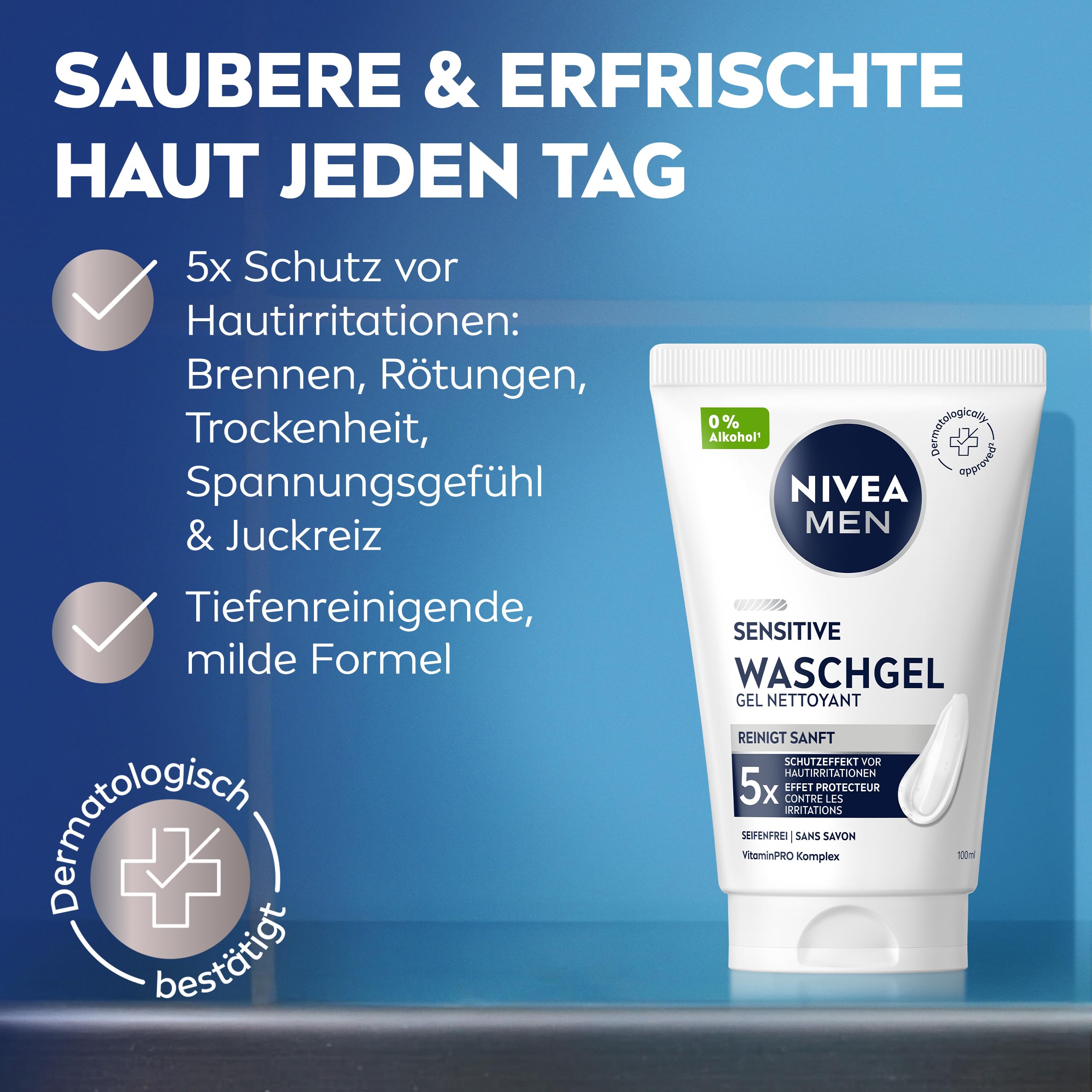 NIVEA MEN Sensitive Rasiergel für Männer, Rasiergel mit Kamille, Vitamin E & Provitamin B5 für eine sanfte Rasur, schützende Formel gegen Hautirritationen (100 ml) 6