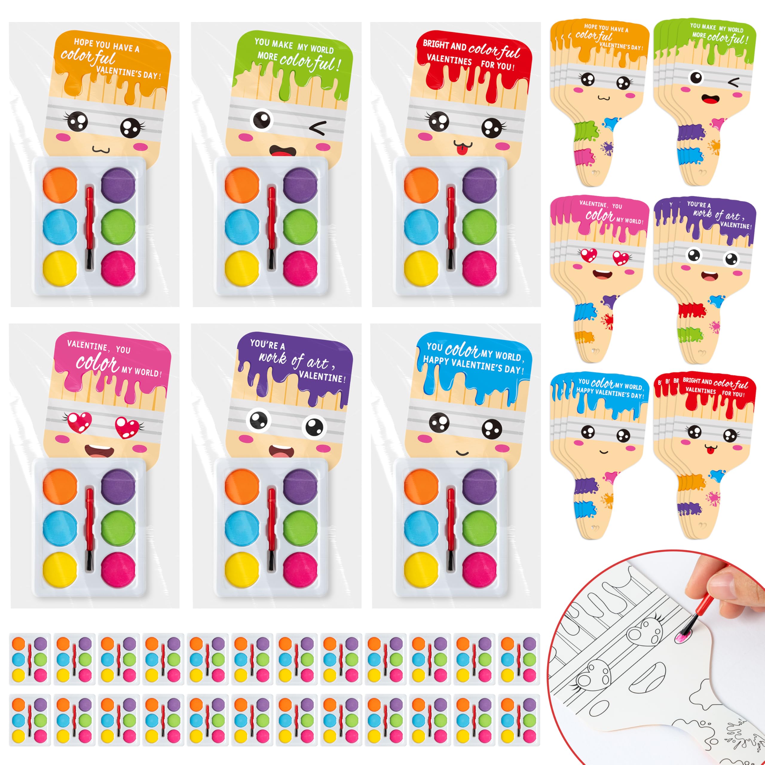 R HORSE 72PCS Watercolor Paint Bulk Valentine’s Day Gifts for Kids Valentines Greeting Cards for Boys Girls School Classroom Exchanges DIY Mini Paint Set Funny Valentine Exchange Cards Party Favors