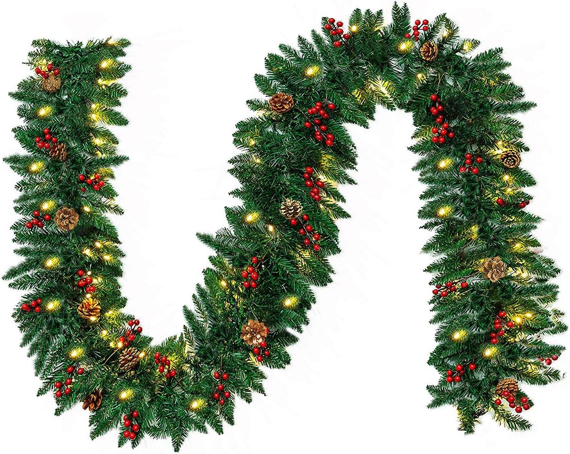 Wreaths, Garlands & Swags - 10FT Christmas Garland with 50 LED Lights - Pre-lit Outdoor Xmas Garland - Battery Powered Waterproof String Light with Timer - Pine Garland with Red Berries Snow Pine Cones - 10 Foot by 10 Inch