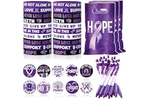 Supervitae 200 Pcs Purple Ribbon Awareness Accessories, Include 50 Purple Ribbon Gift Bags 50 Purple Awareness Wristband 50 Purple Ribbon Pen 50 Purple Button Pin for Campaign Support Supplies