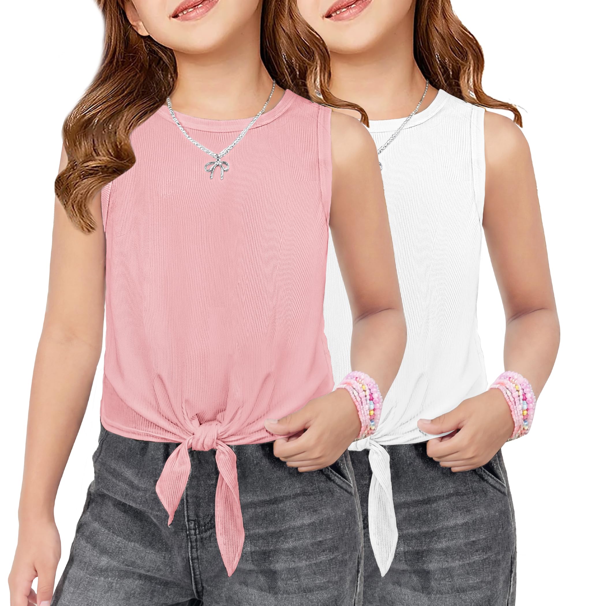 Photo 1 of Arshiner 2 Pieces Girls Dance Tank Top Summer Tie Knot Ribbed Knit Crop Shirts Sleeveless Dance Outfit Crewneck Casual Tee Light Pink/White