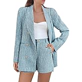 Cicy Bell Womens 2 Piece Tweed Blazer Shorts Sets Long Sleeve Double Breasted Suit Jackets Business Outfit