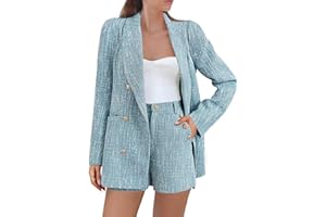 Cicy Bell Womens 2 Piece Tweed Blazer Shorts Sets Long Sleeve Double Breasted Suit Jackets Business Outfit