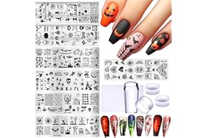 STZPRONAIL Halloween Nail Stamping Plate Kit - 11pcs Nail Stamper Kit, 7pcs Ghost Skull Spider Pumpkin Stencil Template with French Nail Stamper and Silicone Head Manicure Tools for Salon DIY Nail Supplies