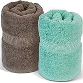 Cleanbear Bath Towels Set of 2 Shower Towels Ultra Soft Cotton Towel for Bathrooms 2 Colors 55 by 27 Inches Thick Bath Towel for Body Drying (Light-Brown and Teal)