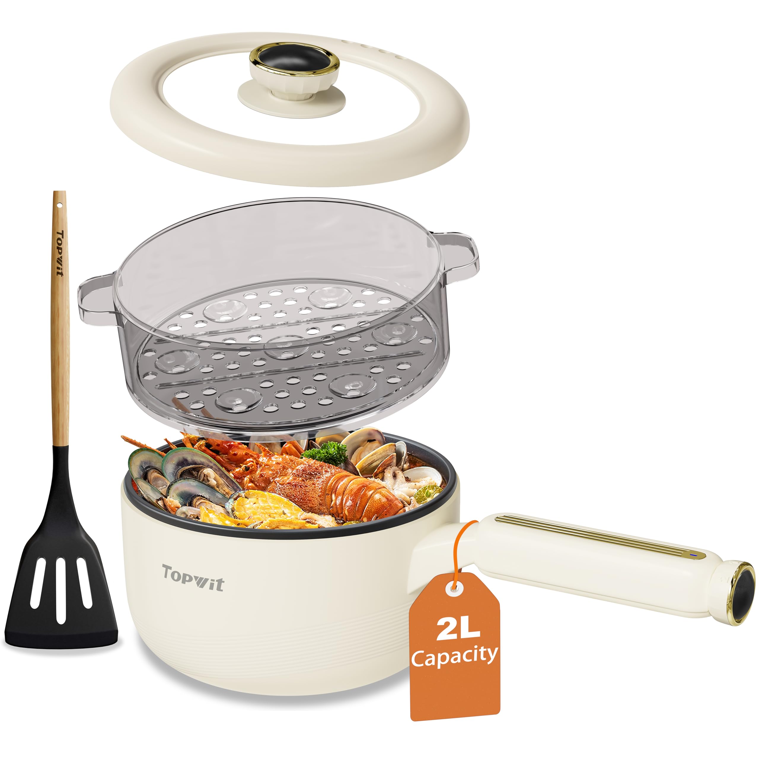 Photo 1 of TOPWIT Hot Pot Electric with Steamer, 2L Multifunctional Electric Pot, Non-Stick Sauté Pan, Portable Pot for Steak, Fried Rice, Ramen, Soup with Dual Power Control (Silicone Spatula Included), Beige