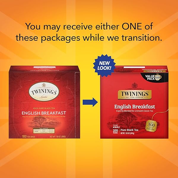 TWININGS ENGLISH BREAKFAST BLACK TEA INDIVIDUALLY WRAPPED BAGS, 100 COUNT (PACK OF 1), SMOOTH, FLAVOURFUL, AND ROBUST, CAFFEINATED, ENJOY HOT OR ICED | PACKAGING MAY VARY