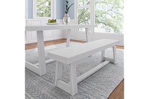 Plank+Beam 60 Inch Farmhouse Dining Bench, Solid Wood Entryway Bench, Wooden Outdoor Bench, Kitchen Dining Seat, Dining Room, Home Office, Living Room Furniture, Easy Assembly, White Wirebrush