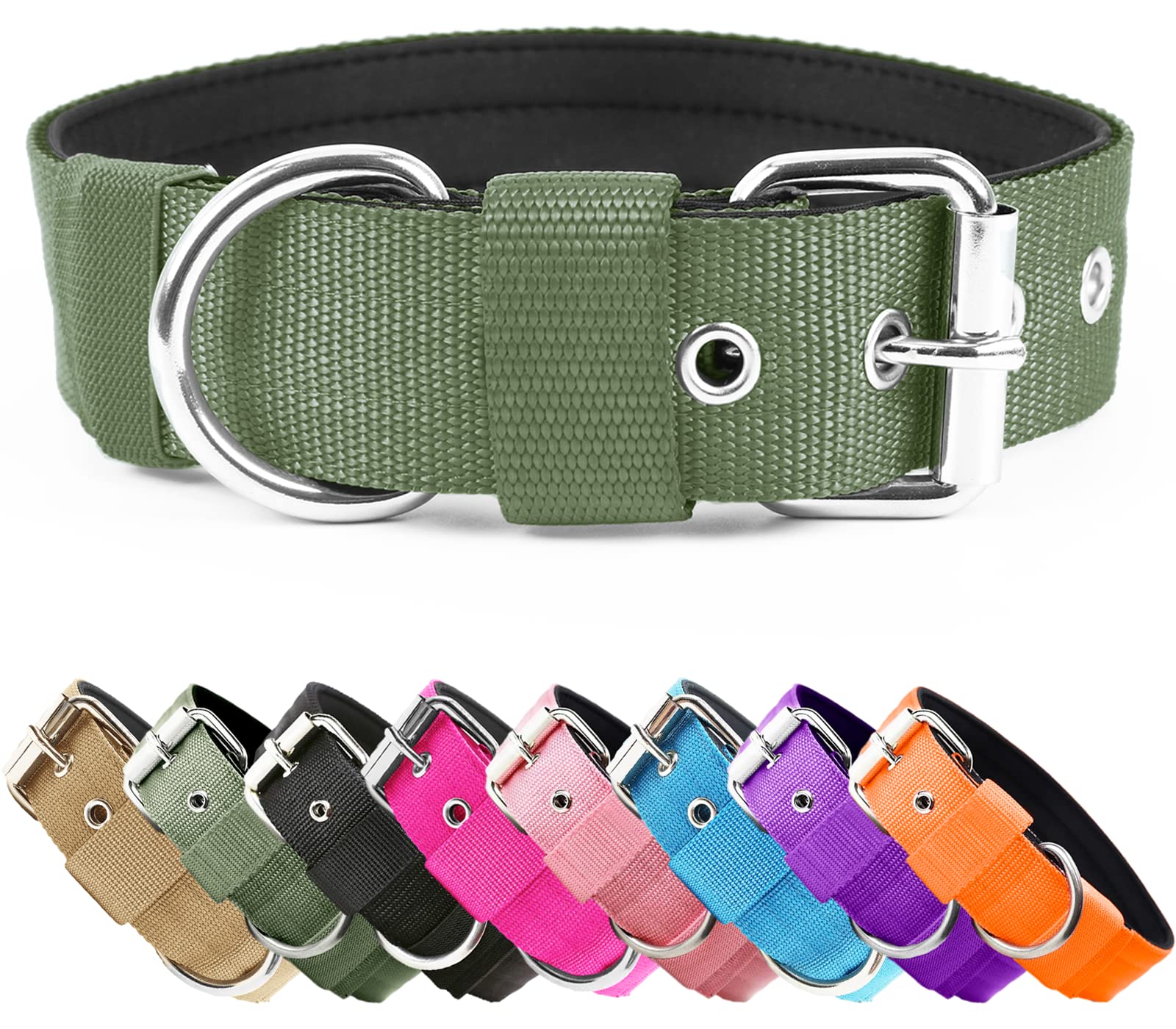 Heavy Duty Tactical Dog Collar - 1.5" Width Military Durable Thick Nylon with Adjustable Metal Buckle Working Training K9 Collar for Small Medium Large Dogs Army Green S