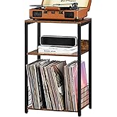 LELELINKY 3 Tier End Table,Record Player Stand with Storage Up to 100 Albums,Turntable Stand for Vinyl,Brown Records Shelf for Living Room Bedroom