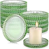 Honeydak Sage Green Glass Pillar Candle Holder Plates 4'' Round Glass Candle Tray Round Coasters for Table Centerpiece Weddin