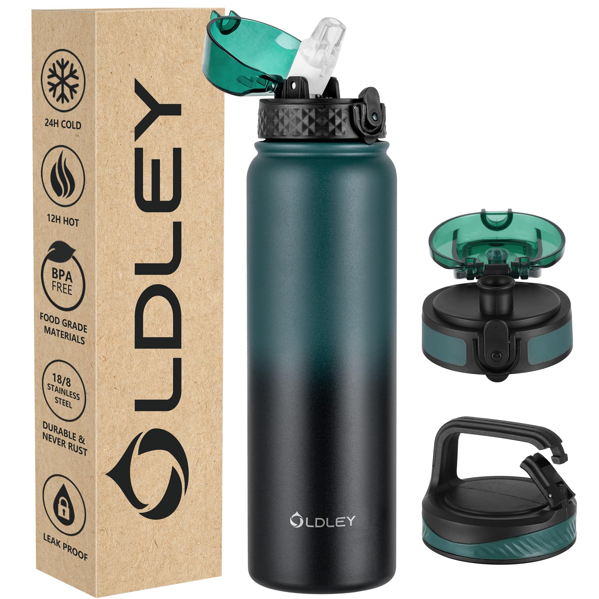 OLDLEY Stainless Steel Water Bottle with Straw 1L Vaccum Insulated Large Drink Flask Metal Water Bottles 1 Litre Leakproof Keep Drinks Hot Cold for Sports Gym with Different Lids(Green Black, 3 Lids)