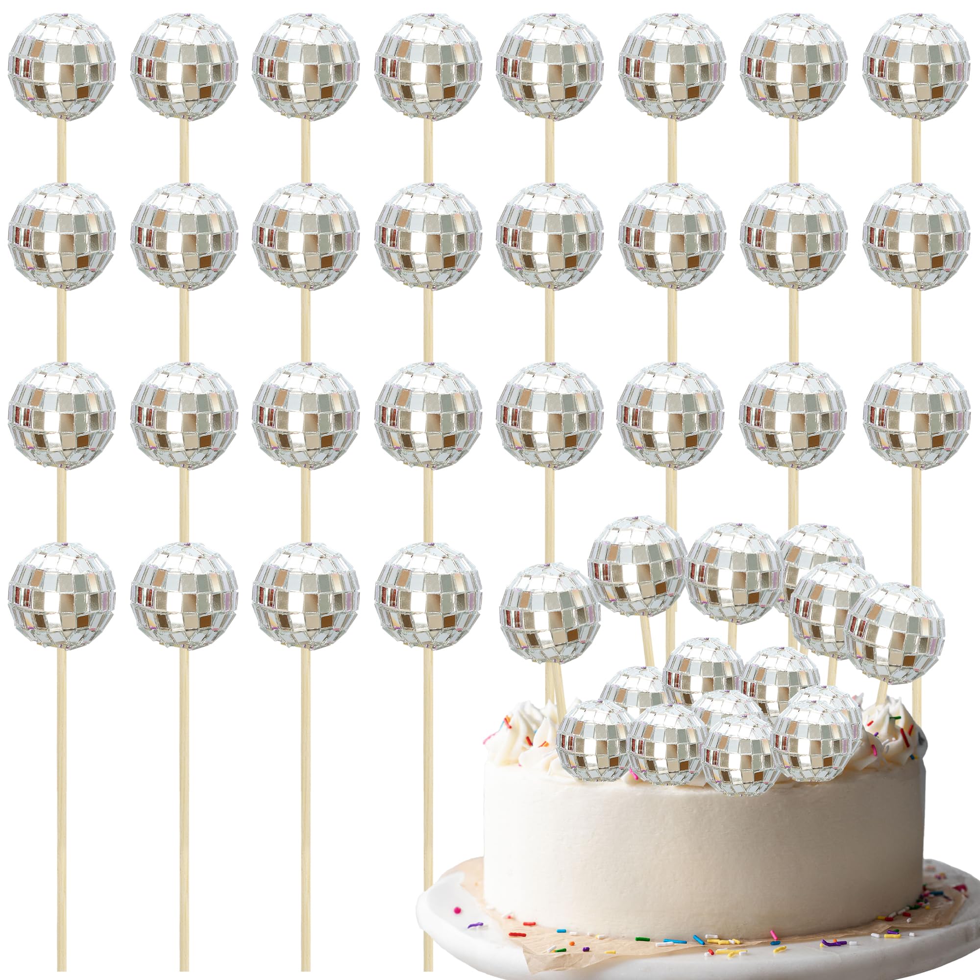 Ephlyn 24 Pcs Cupcake Toppers - Mini Disco Balls & Cupcate Picks - Disco & 70s Party Decorations, Silver