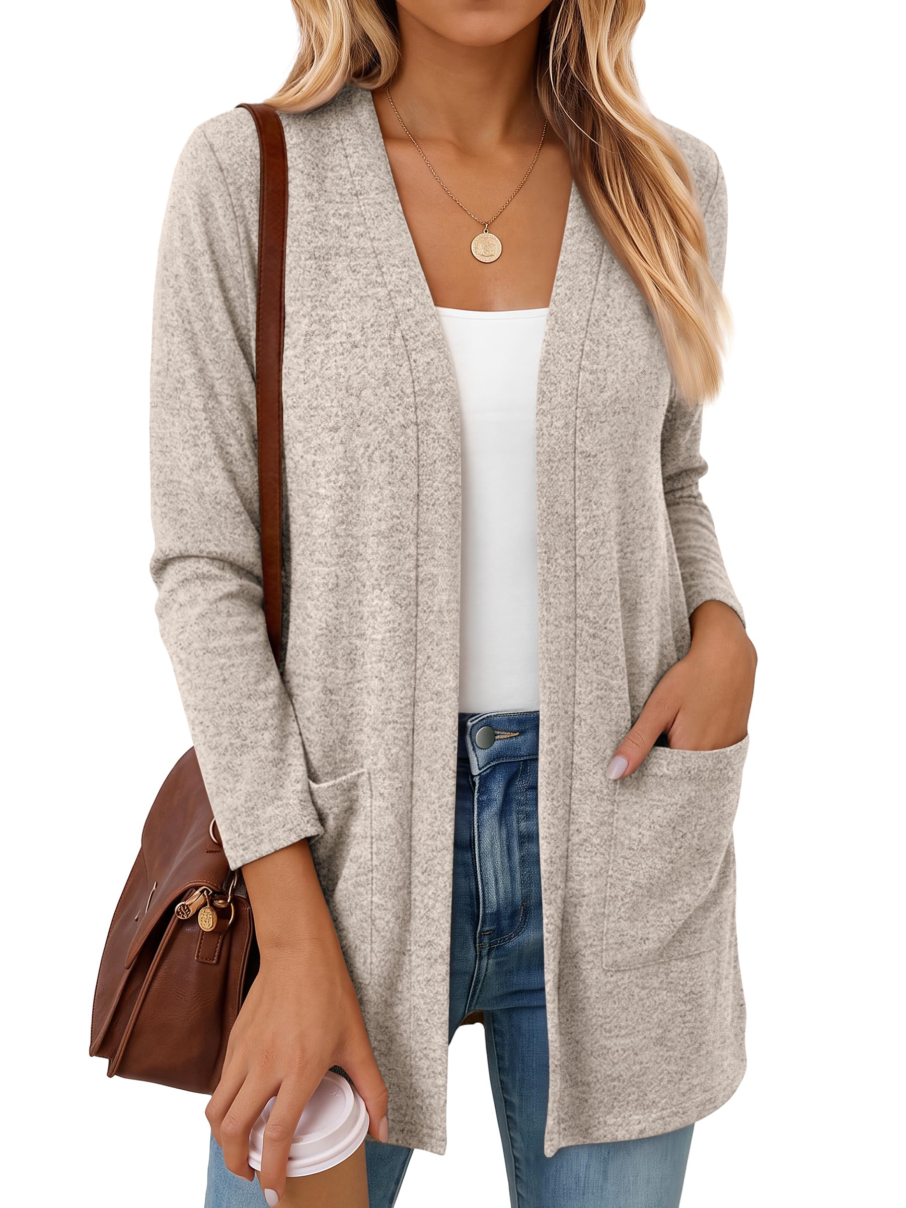 LILLUSORY Womens Lightweight Long Cardigans Fall Clothes | Buttery-Soft Knit, Open Front, Dual Patch Pockets, Wide Band Trim,