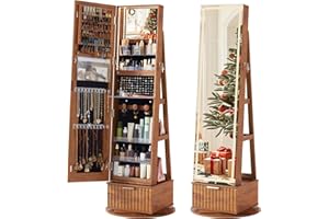 Joaxswe Fluted 360° Swivel Jewelry Armoire Cabinet Standing with Full Length Mirror, Lockable Jewelry Organizers and Drawer Storage with 3 Color LED Lights & Interior Mirror Rear Storage Shelves