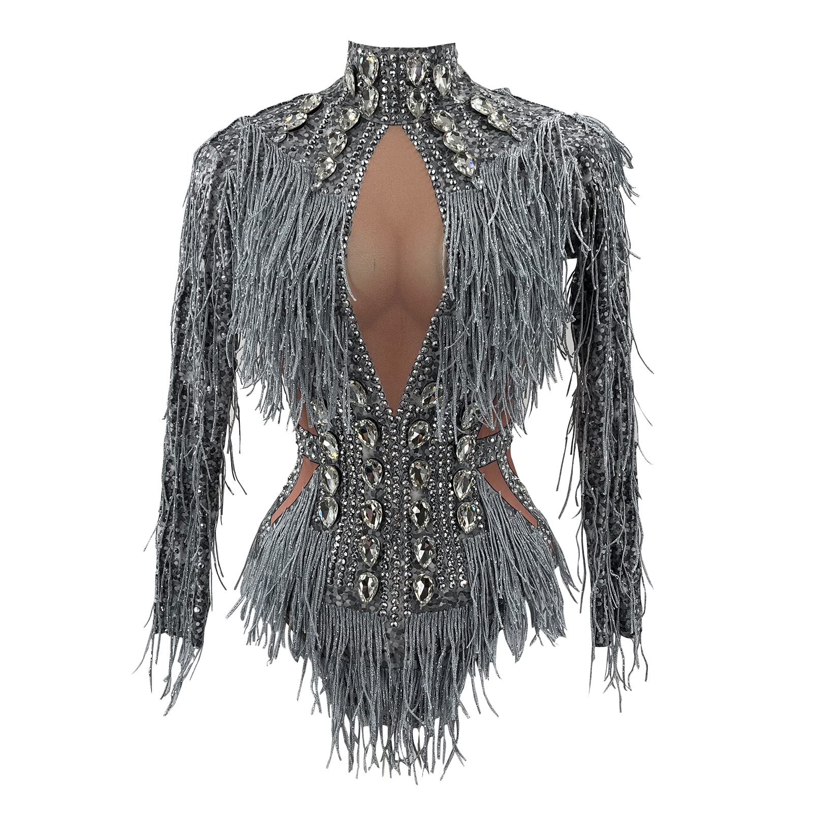 Yoyomomozi Sparkly Silver Rhinestones Fringe Bodysuit Party Celebrate ...