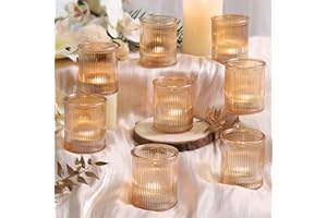 NITIME 8pcs Ribbed Gold Votive Candle Holders, Tea Light Candle Holder Glass for Wedding Table Decor, Gold Candle Holders for Table Centerpiece, Brithday and Holiday Decorations