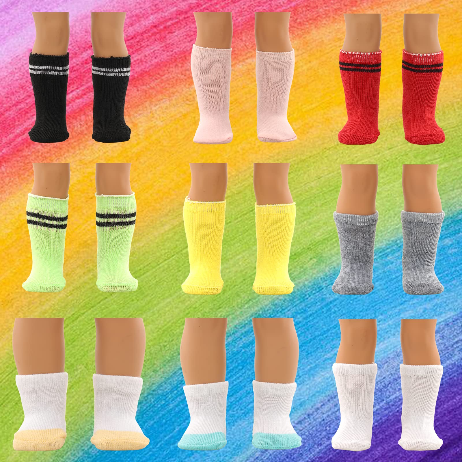 Miunana 5 Pairs Doll Socks for 18 Inch Girl Doll - Includes Striped, Two-Tone, and Solid Color Socks in 9 Colors