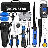 GPUSFAK Fishing Tool Kit, 12 Pieces Fishing Gear, Fishing Pliers with Lanyard, Fillet Knife, Fish Lip Gripper, Fly Ice Fishing Hook Knotter, Anti-Cutting Gloves
