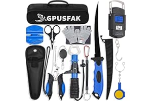 GPUSFAK Fishing Tool Kit, 12 Pieces Fishing Gear, Fishing Pliers with Lanyard, Fillet Knife, Fish Lip Gripper, Fly Ice Fishing Hook Knotter, Anti-Cutting Gloves