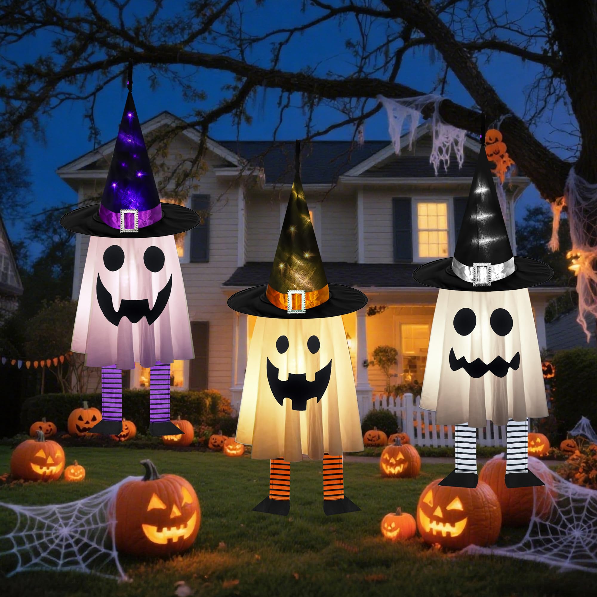 Photo 1 of Halloween Decorations Outdoor - 3PCS Halloween Hanging Light up Ghosts, Orange & Purple & White Spooky Glowing Ghost Witch Hat for Garden Yard Tree Haunted Houses Indoor Outside