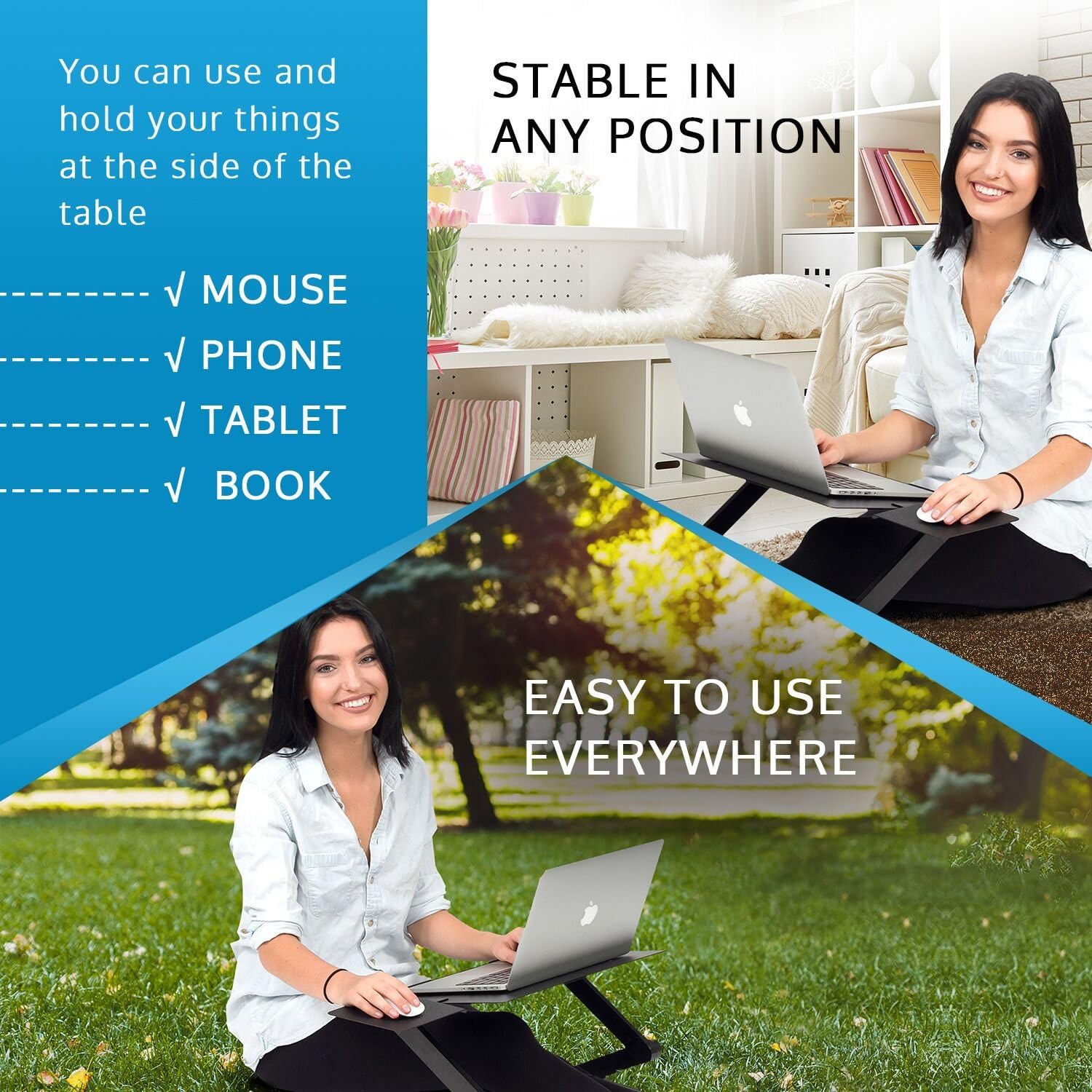 Executive Office Solutions Portable Adjustable Aluminum Laptop Desk/Stand/Table Vented w/CPU Fans Mouse Pad Side Mount-Notebook-MacBook-Light Weight Ergonomic TV Bed Lap Tray Stand Up/Sitting-Black: Computers & Accessories