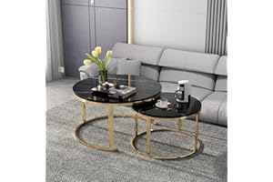 KISEELY Nesting Coffee Table Set of 2, 32" Round and Marble Pattern Wooden Tables with Metal Frame Base, Stacking Nesting Tables for Living Room Bedroom Office, Easy Assembly & Cleaning (Double Black M1)