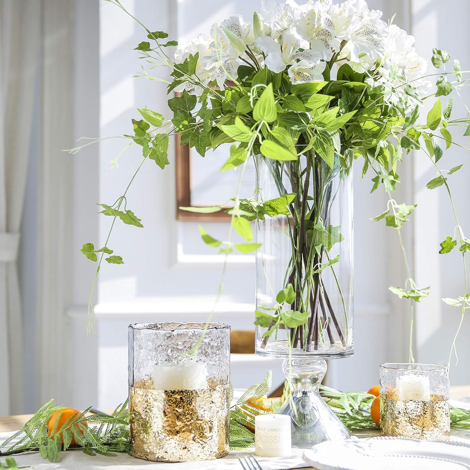 cyl home Hurricane Candleholders Hammered Clear Glass with Sparkler Golden Decor Dining Table Centerpieces Vases Gifts for Wedding Housewarming Christmas Party，6.9'' Height.: Home & Kitchen