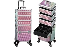 Yueieoun 5 in 1 Professional Makeup Train Case on Wheels, Extra Large Cosmetic Case Aluminum Rolling Makeup Case Trolley Makeup Travel Organizer with 360° Swivel Wheels, Shiny Pink