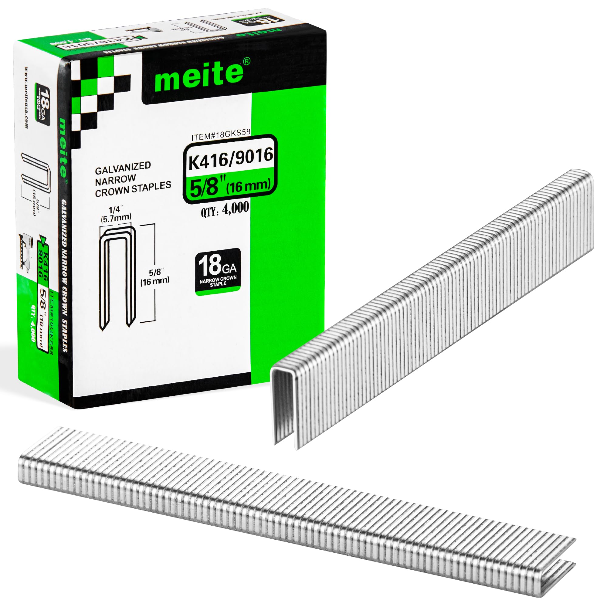 meite 9016 Type 90/16 mm Narrow Crown Staples for Staple Gun, 18 Gauge Galvanised Upholstery Staples for Furniture, Wood Box, Crafts DIY (4,000 Counts)