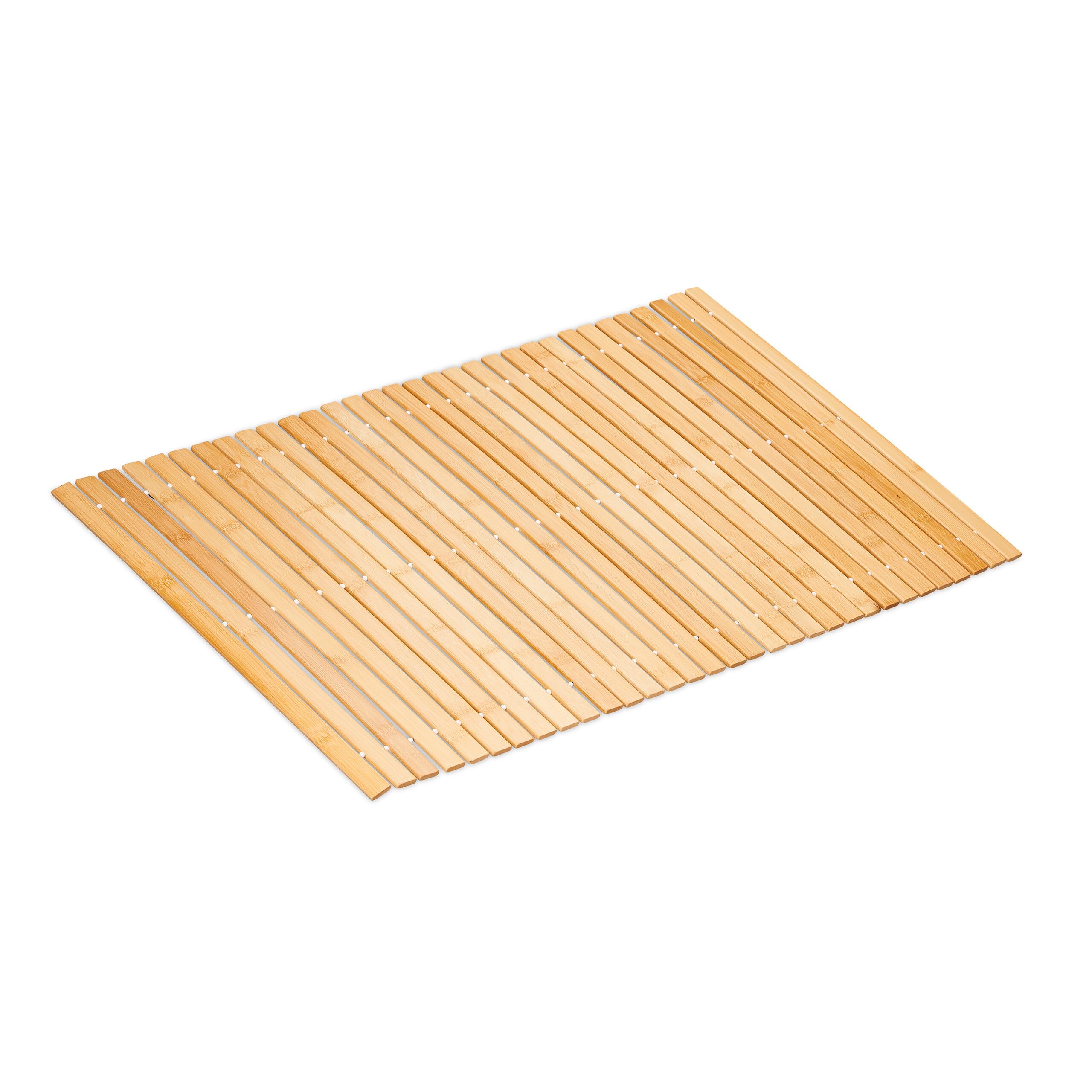 Relaxdays Bamboo Bath Mat, 80x50 cm, Non-Slip, for Shower, Roll-up Bathroom Accessory, Rubber Pads, Slats, Natural/White, 80 x 50 cm