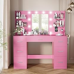 YESHOMY Vanity Desk with Mirror, Power Outlet and