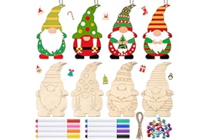 Censen 20 Sets Christmas Unfinished Wooden Gnome Ornament Craft Kits to Paint DIY Include Blank Gnome Cutout Hanging Slices, Colored Marker, Bells for Kids Valentine's Xmas Tree All Festival