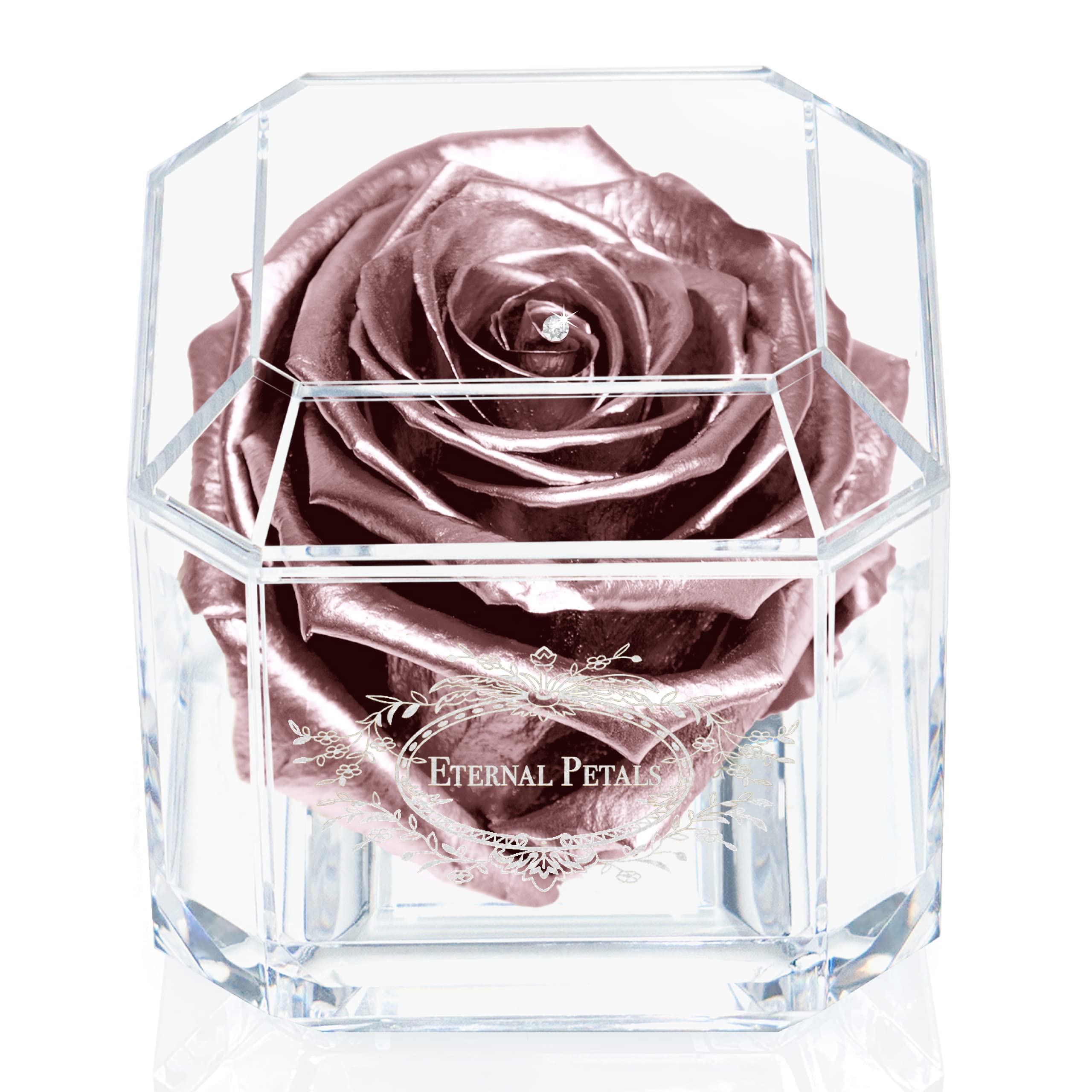 A 100% Real Rose That Lasts Years - Eternal Petals, Handmade in UK – White Gold Solo with A Clear Crystal (Rose Gold)