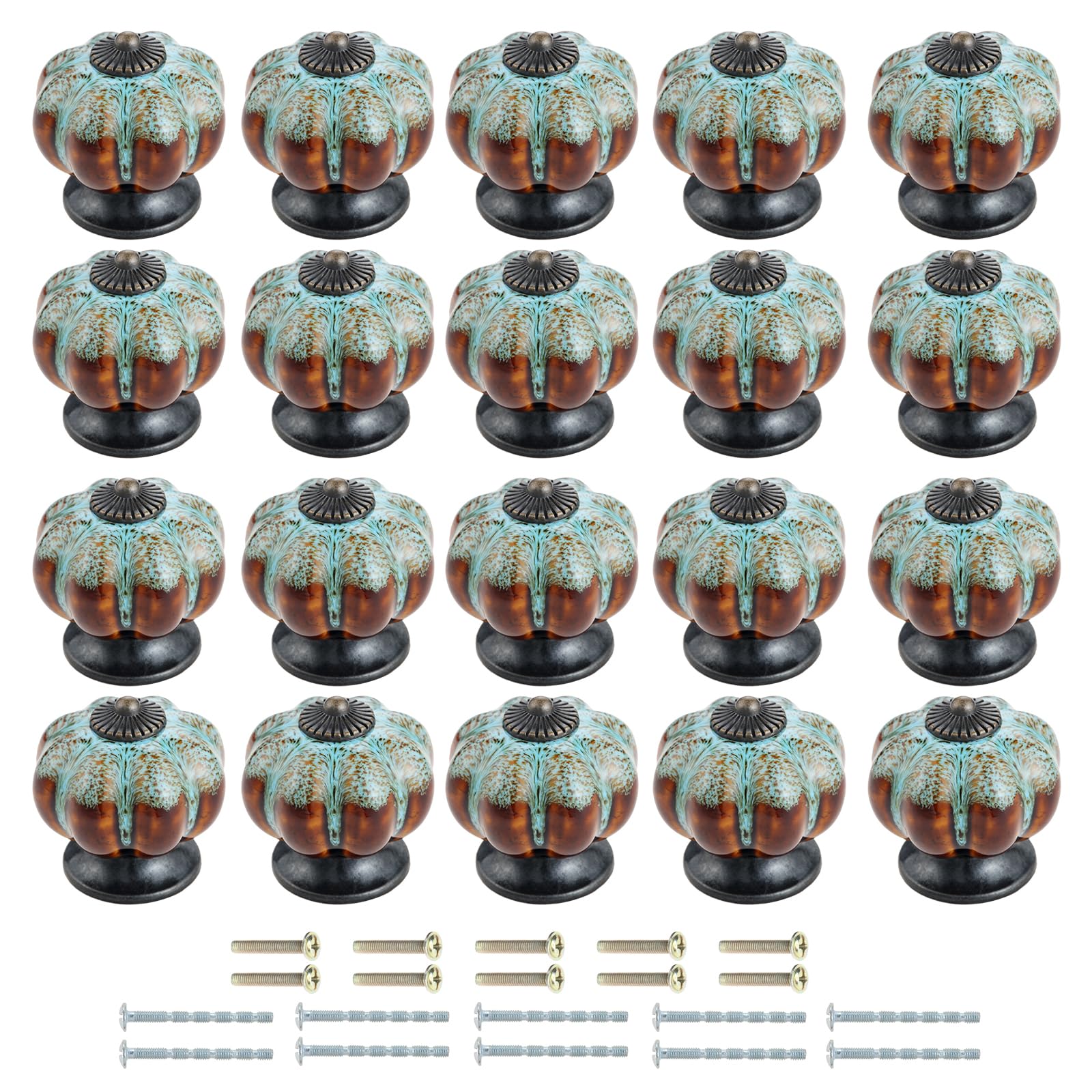 Mgoodoo 20PCS Cabinet Knobs Drawer Handles，Pumpkin Shaped Cabinet Handle with Leopard Print，Blue Cupboards Door Knobs with Screws，Ceramic Pull for Dresser Drawers and Kitchen Bathroom Cabinet Office