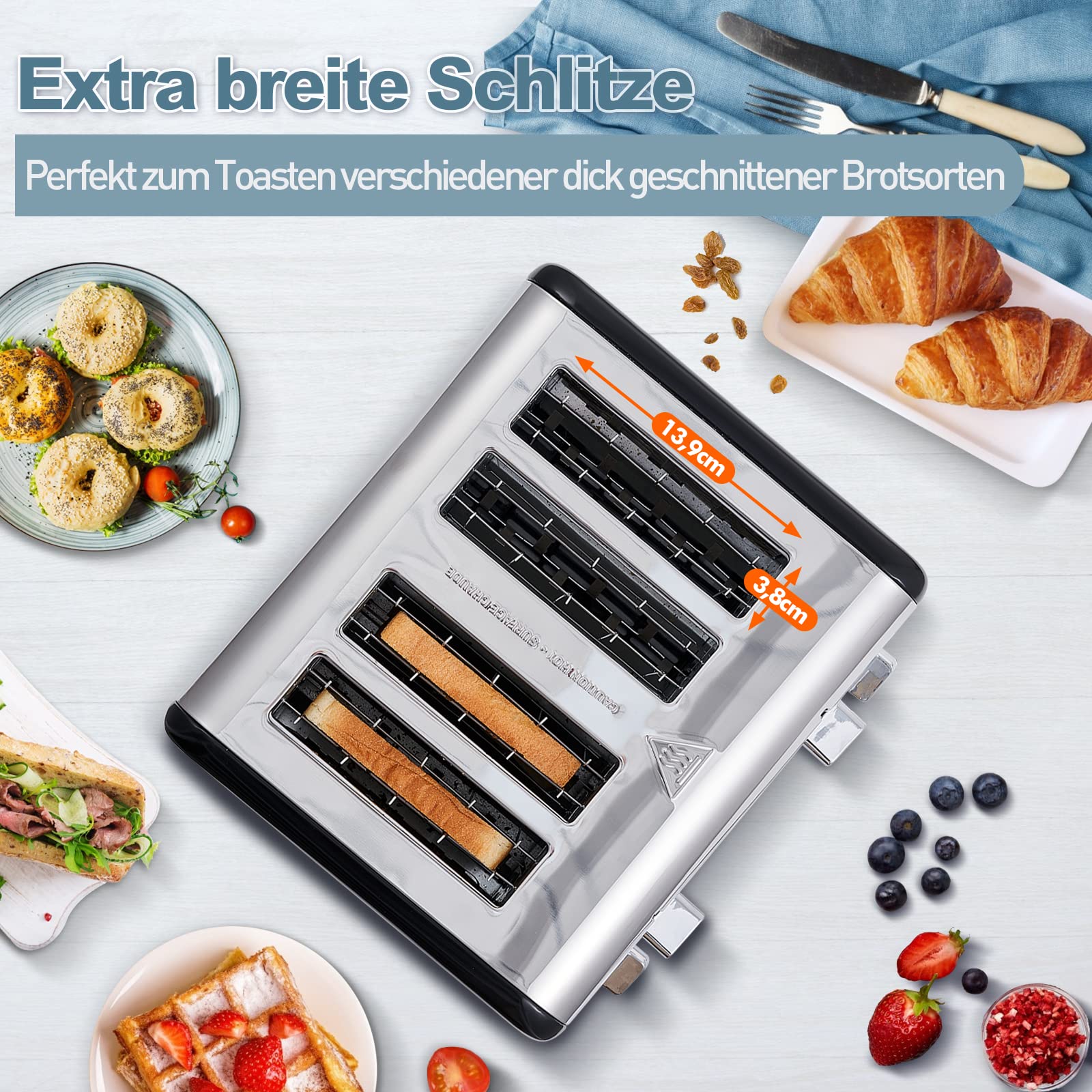 Toaster 4 Scheiben, CUSIMAX Edelstahl mit LED-Anzeige, 4 extra breite schlitze toaster schwarz, 2 individuelle Bedienfelder mit 6 Bräunungsstufen, Abbrechen, Aufwärmen & Auftauen Funktion 3