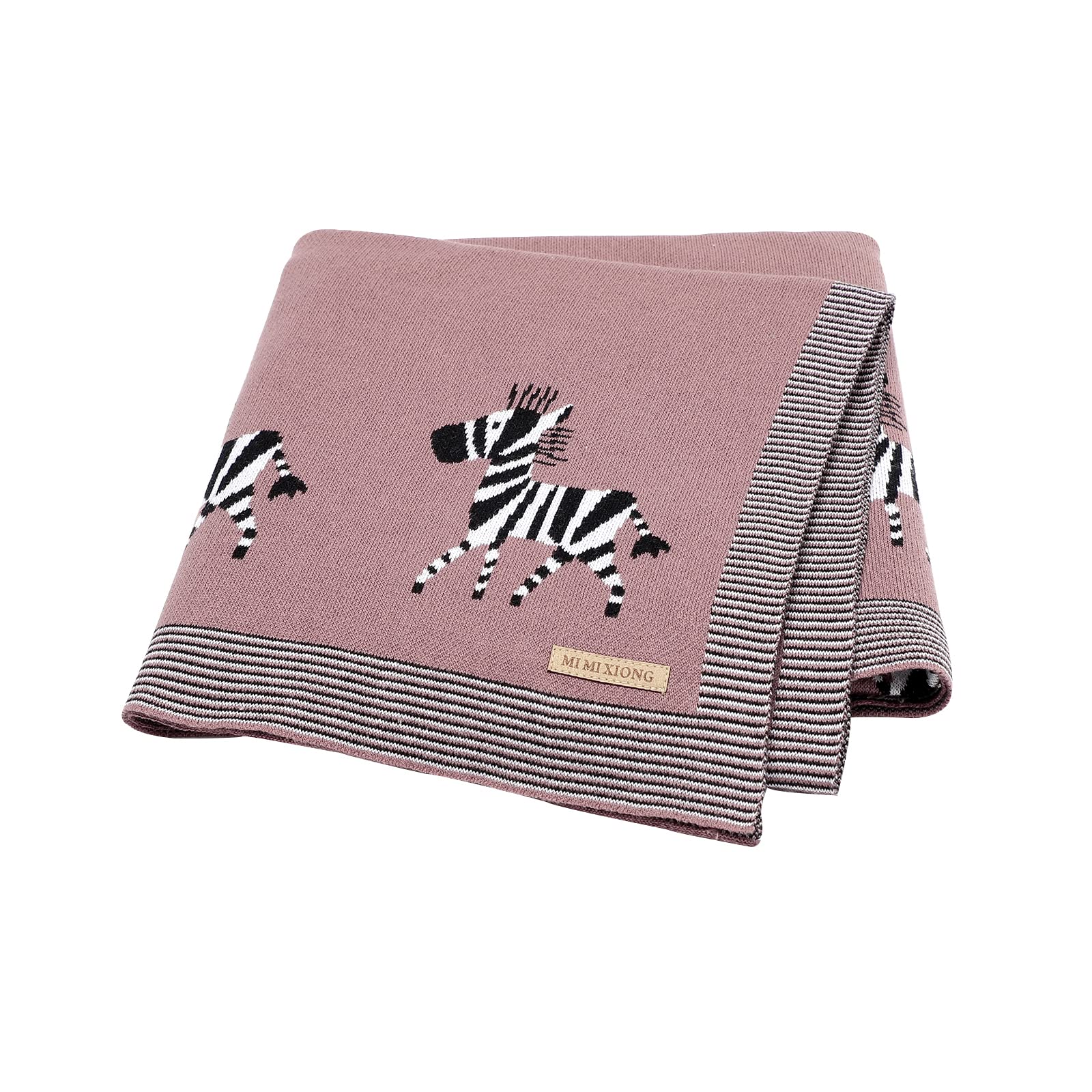 DovFanny Baby Blanket 100% Cotton Knitted Soft Blanket for Newbron with Lovely Zebra, 100 x 80cm Reddish Brown