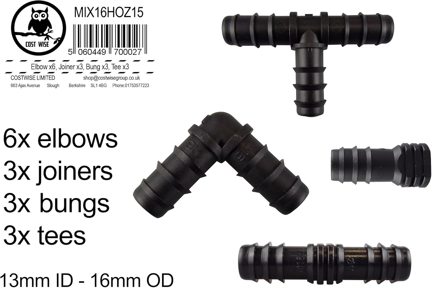13mm hozelock compatable barbed pipe fittings(pack of 15 mix n match