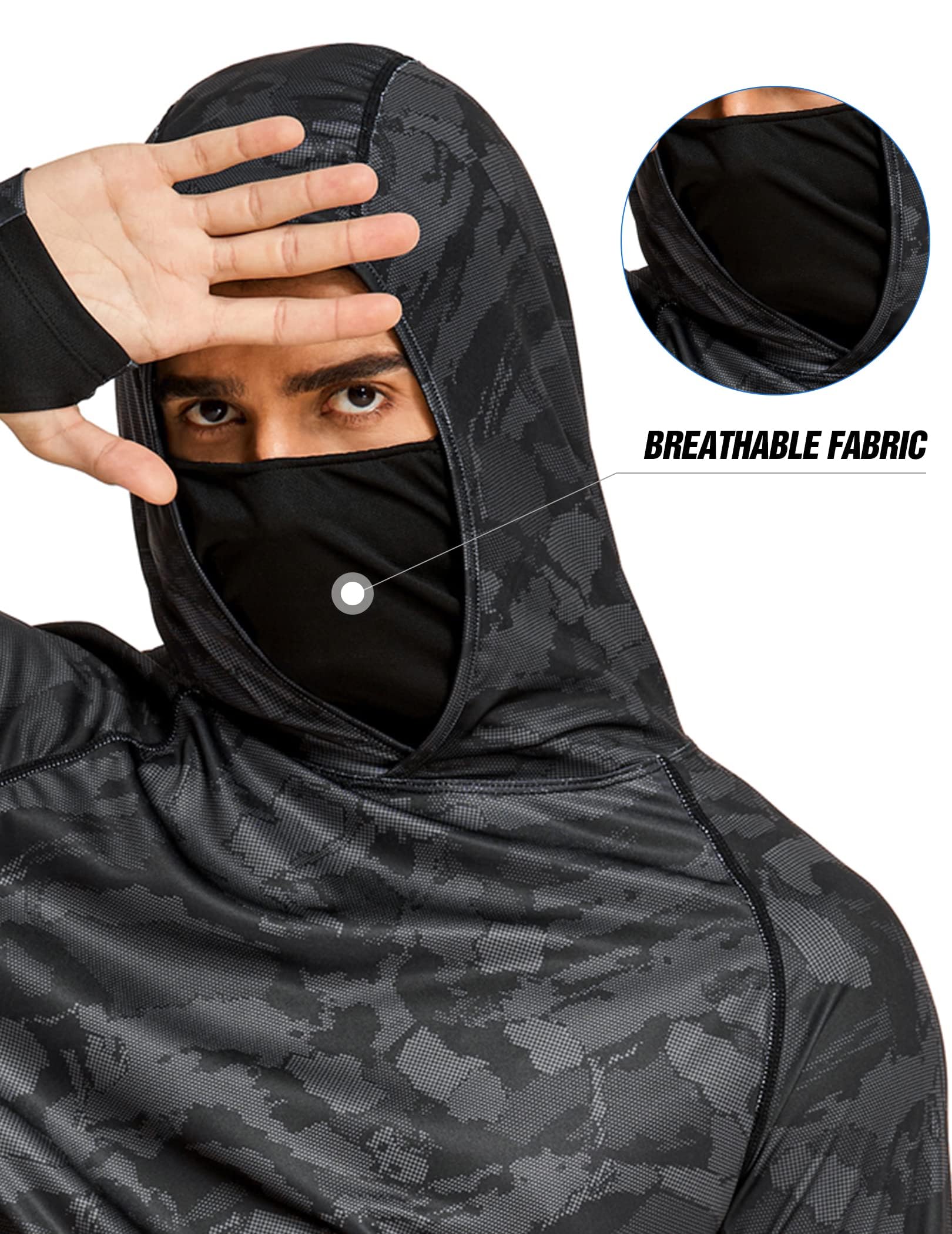 COOrun Mens Fishing Hoodies with Face Mask UPF 50 Long Sleeve Rash Guards Hooded SPF Sun Shirts for Men Camo Hiking Shirt