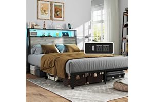 RVONOW Queen Size Bed Frame with Headboard, Metal Platform Bed Frame with LED Lights & Charging Station, Under Bed Storage, Solid and Stable, No Box Spring Needed, Noise Free, Easy Assembly, Rustic Grey