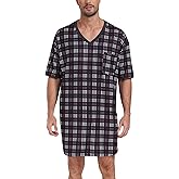 MoFiz Men's Nightshirt Soft Pajamas V Neck Short Sleeve Nightgown Loose Sleepwear Nightwear Comfy Sleep Shirt S-3XL