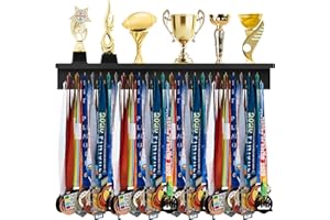 Threehoney Wooden Medal Hanger Display Trophy Holder Shelf with 25/37/49/65 Hooks Wall Mount Ribbon Holder Christmas Gift for Gymnastics Running Soccer Awards