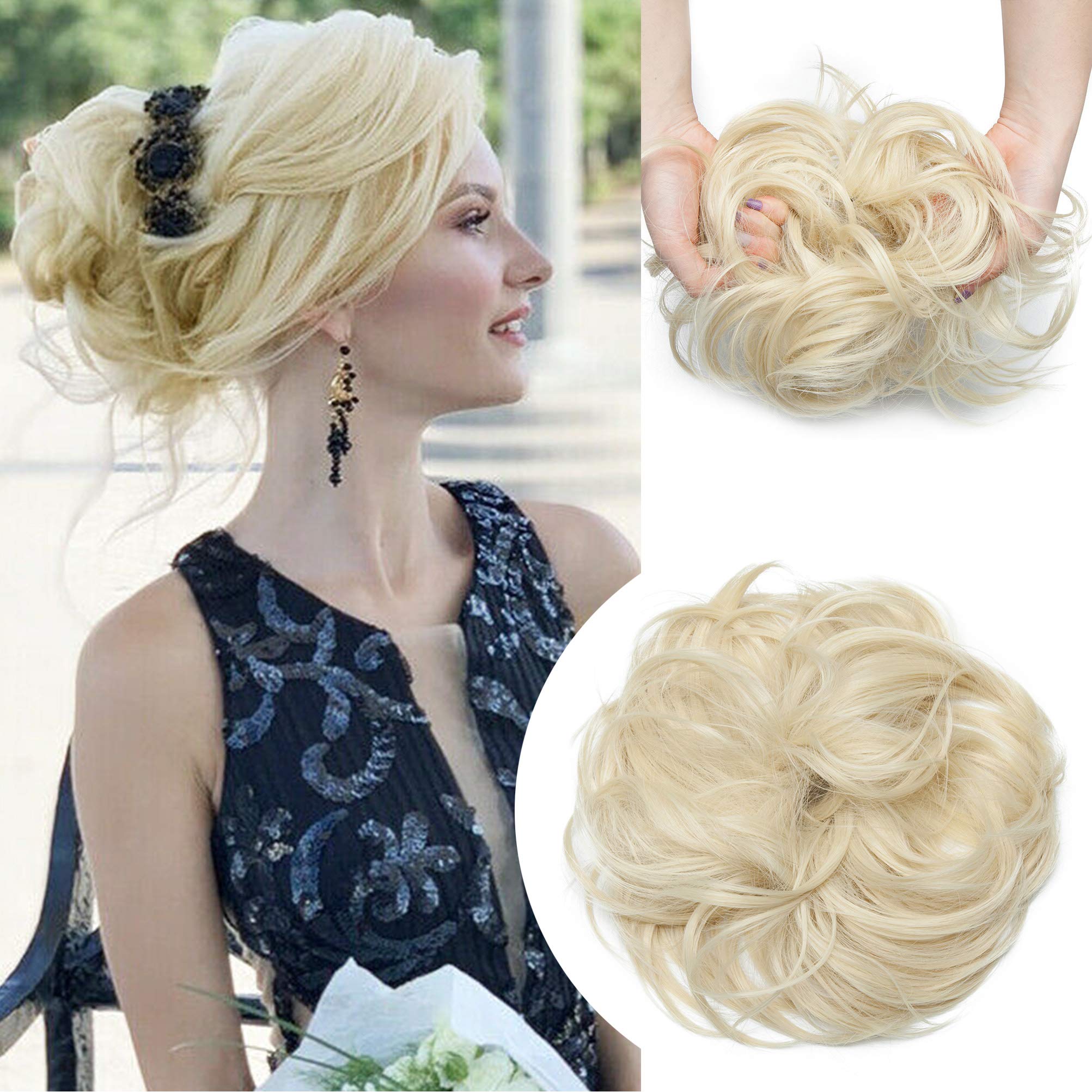 Large Messy Bun Scrunchie Hair Piece Elastic Updo Cover Hair Extension Instant Ponytail Curly 80g 1pc Tousled Synthetic Hairpiece Thick Hair Donut Bleach Blonde