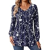 Zeagoo Long Sleeve Shirts for Women Casual V Neck Top Pleated Floral Boho Blouses 2026 Fall Tunics
